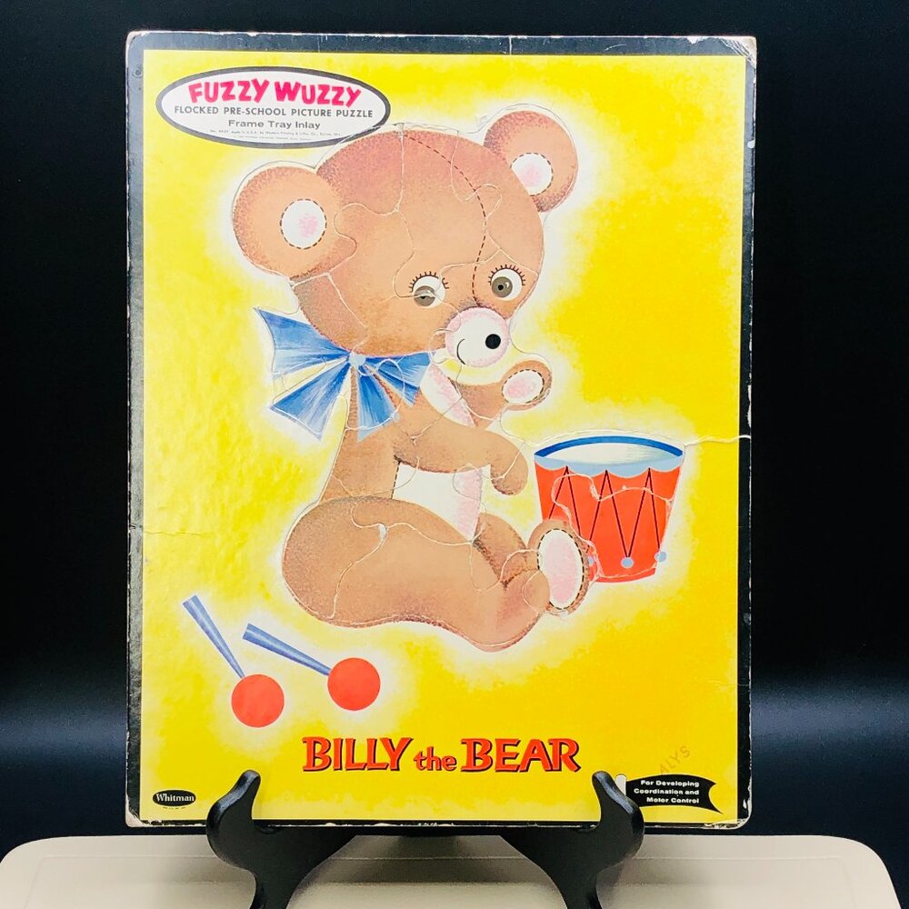 Vintage 60s Whitman Fuzzy Wuzzy Anthropomorphic Teddy Bear Frame Tray Puzzle